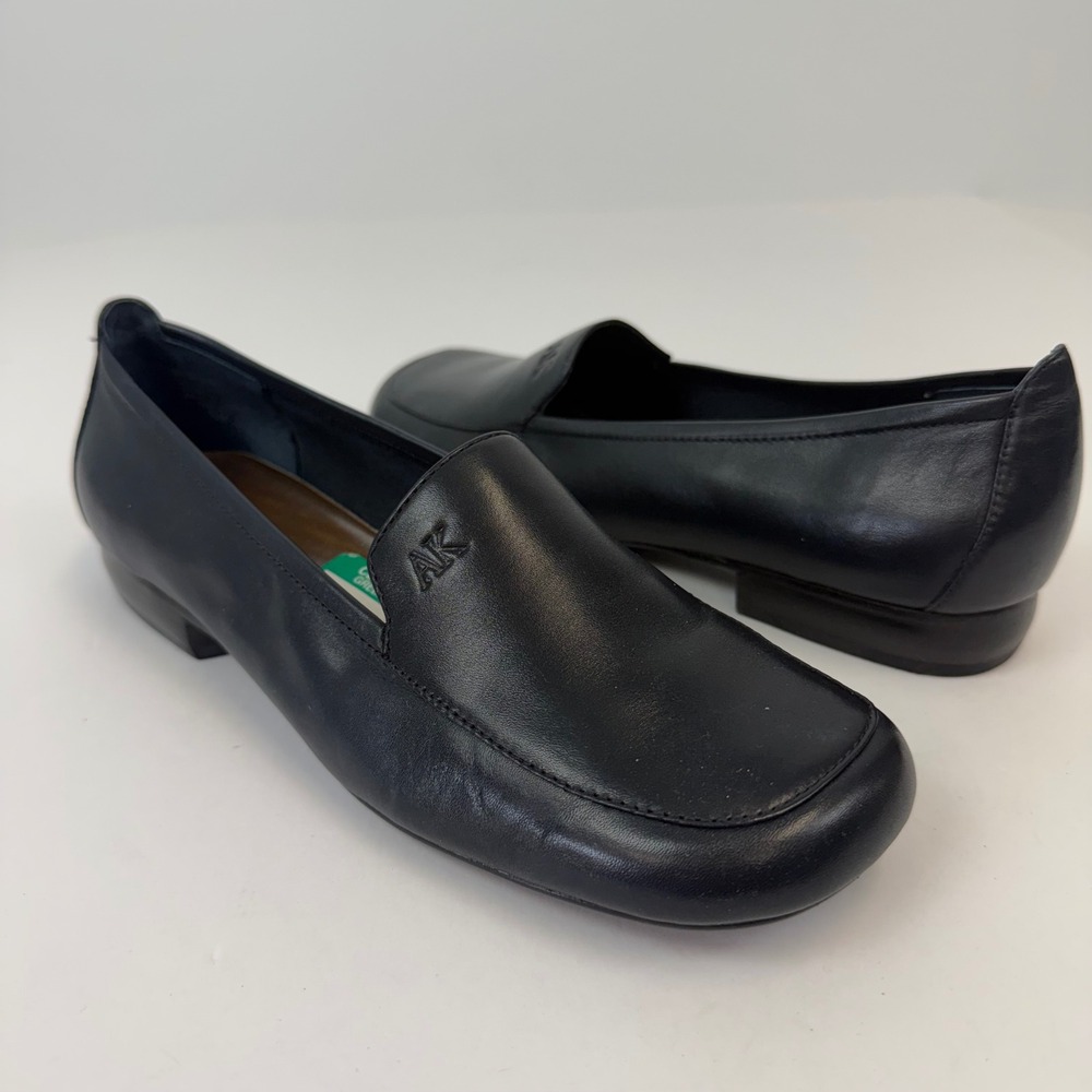 AK Anne Klein Mamorella Navy Leather Square Toe Loafers Shoes Womens 7.5M